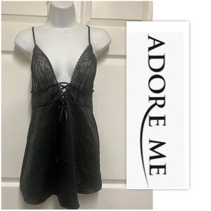 Adore Me Black Satin & Lace Deep V-Neck Lingerie Babydoll